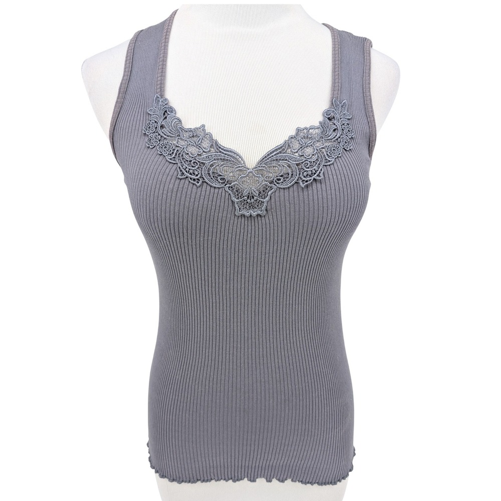 90s Y2K Merona Tank Top Womens M Gray Ribbed Lace Trim Cotton Indie Coquette